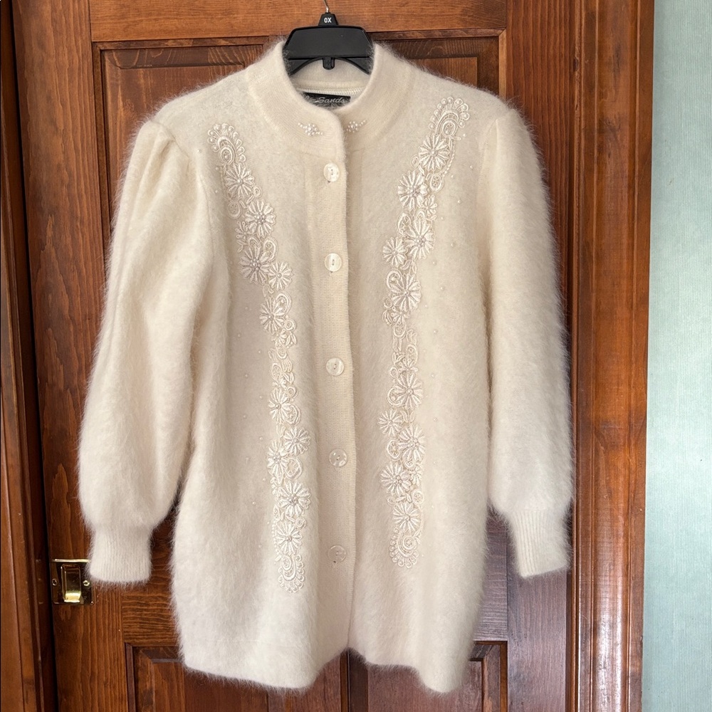 Ivory Embroidered Angora Cardigan OS - Picture 4 of 9